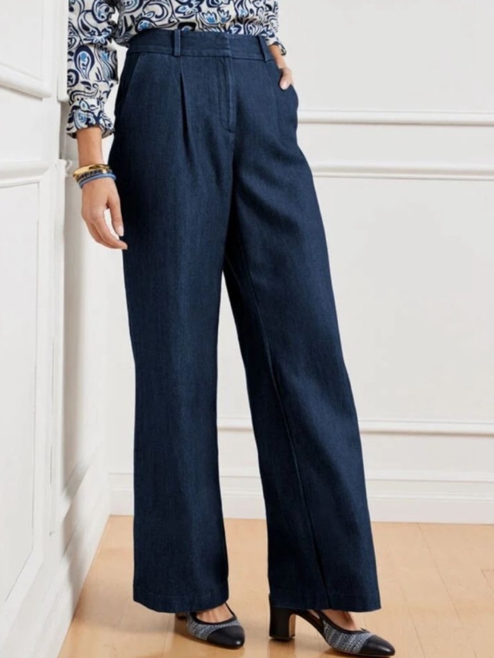 Talbots Weston High Waist Wide Leg Denim Trousers Dark Wash 8P